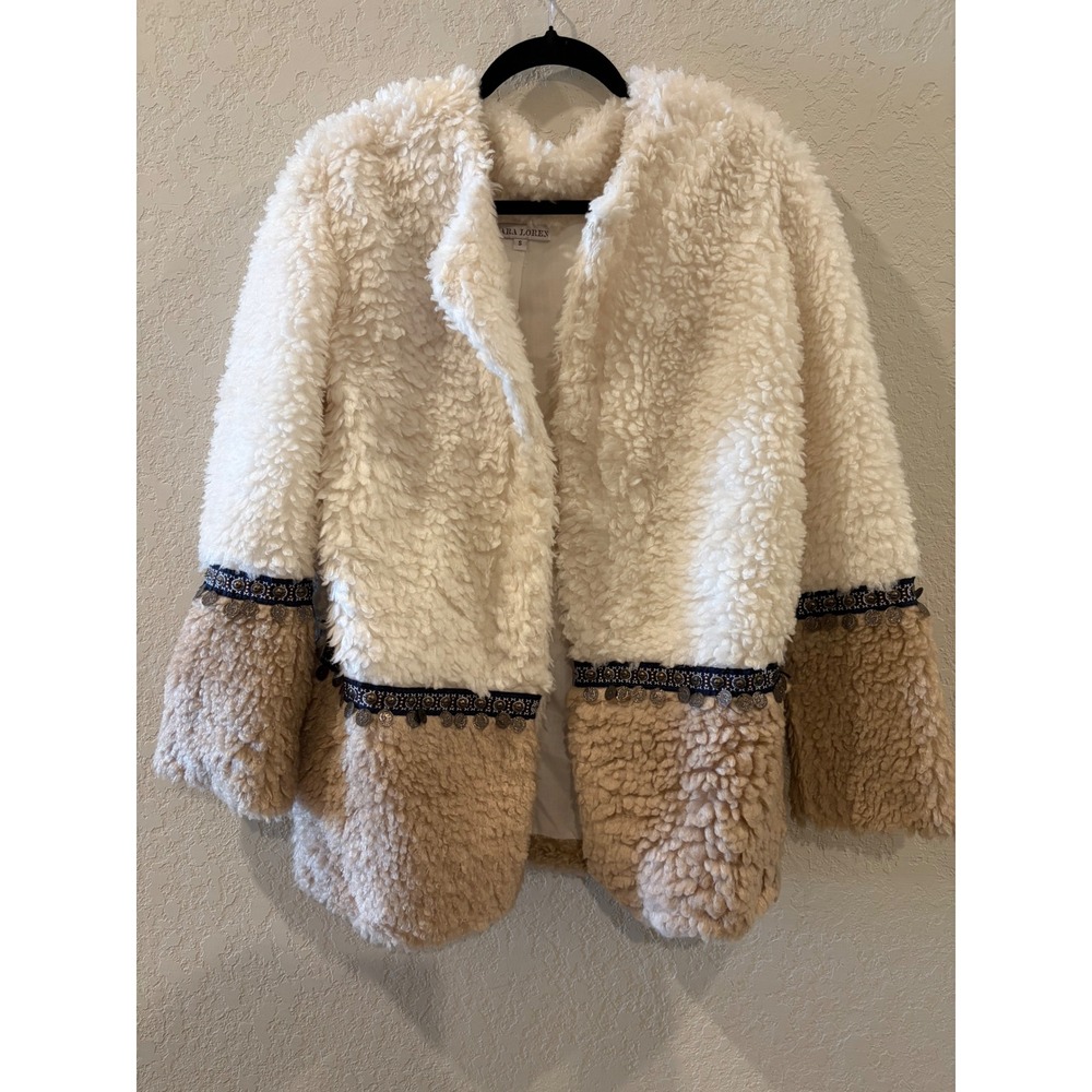 Cara Loren Womens Faux Shearling Teddy Coat Cream Tan Boho Coin Trim Small